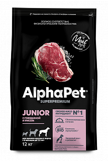 AlphaPet Superpremium сухой корм для щенков крупных пород от 6м. Говядина и рис