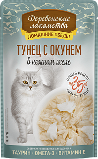 Деревенские лакомства для кошек, тунец с окунем в нежном желе