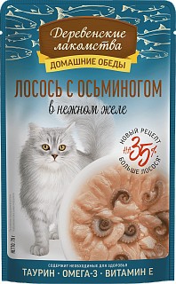 Деревенские лакомства для кошек, лосось с осьминогом в нежном желе
